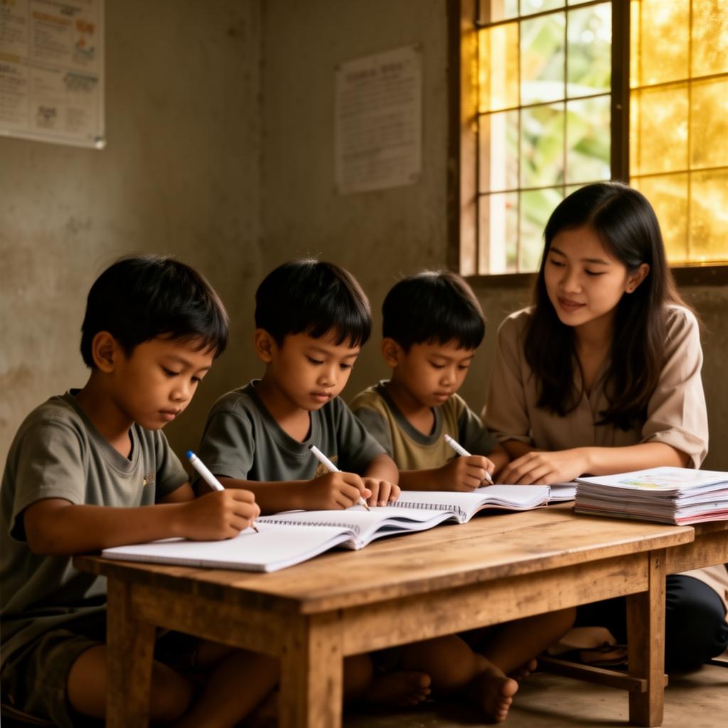 Three Southeast Asian children writing in notebooks at a wooden table while a young mentor guides them.