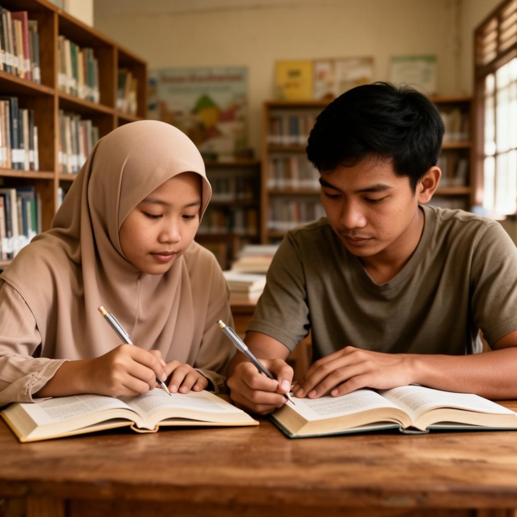A Southeast Asian young woman in a soft hijab and a young man reading and writing side by side in a community library.