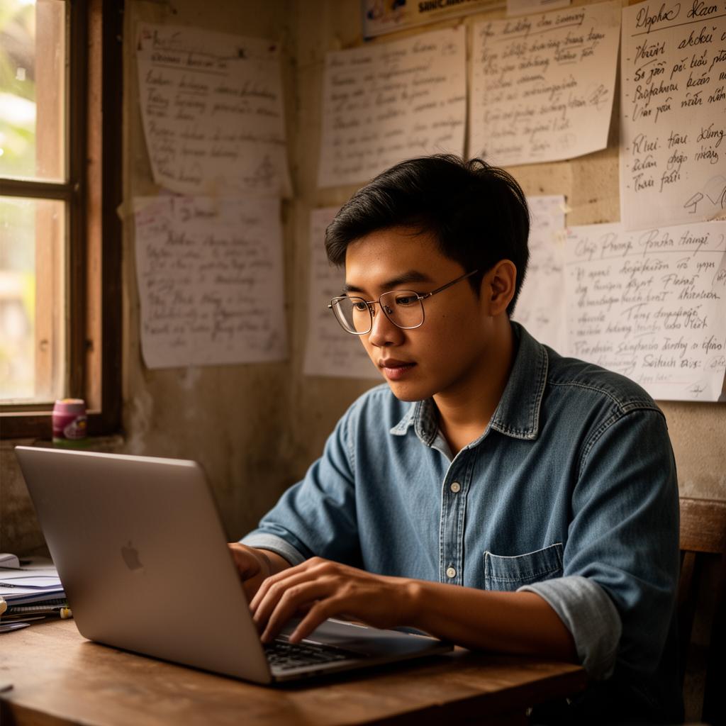 A focused Southeast Asian young adult working on a laptop in a humble community workspace with handwritten notes on the wall.